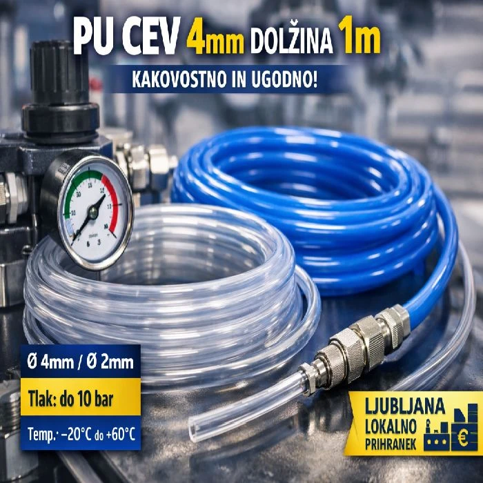 Cevi za pnevmatiko PU 4mm dolžina 1m, pnevmatska cev PU 4mm, poliuretanska cev zrak tekočine, pnevmatika cev 4mm ugodno, industrijska avtomatizacija cevi, pnevmatske cevi Ljubljana lokalno, cev za kompresor 4mm prihranek