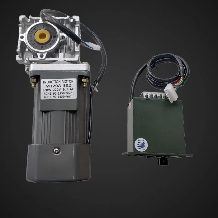 Indukcijski motor 120W 220V AC z reduktorjem 55RPM in regulatorjem, indukcijski motor Ljubljana, motor z reduktorjem ugodno, regulator hitrosti ceneje, prihranek proizvodnja, lokalno podjetje Ljubljana