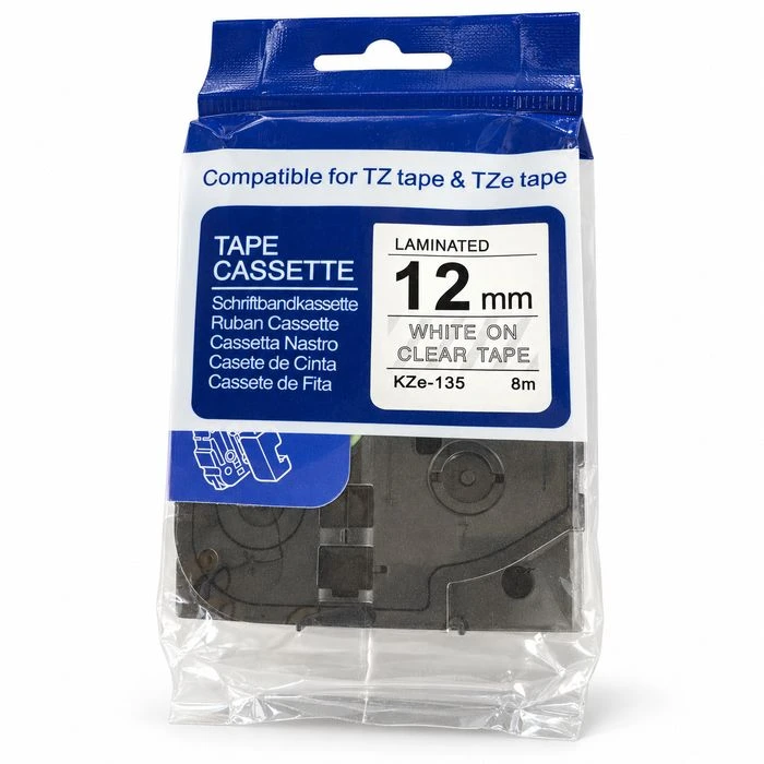 Laminirana traka KZe-135, 12 mm × 8 m - bijelo ispis na prozirnoj pozadini (TZ/TZe), KZe-135, laminiran trak, 12 mm, 8 m, bel tisk na prozorni podlagi, WHITE ON CLEAR TAPE, TZ, TZe, trak za označevanje, ugodno, ceneje, prihranek, lokalno, Ljubljana
