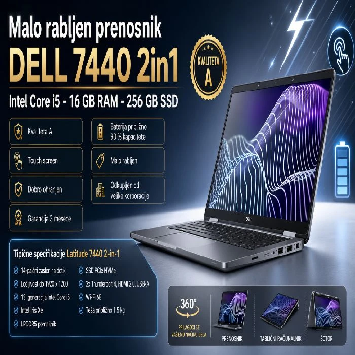 Malo rabljen prenosnik DELL 7440 2in1, I5 15GB, 256GB SSD, malo rabljen prenosnik Dell 7440 2in1, Dell Latitude 7440, rabljen notebook, i5, 15GB RAM, 256GB SSD, touch screen, ugodno, ceneje, prihranek, lokalno, Ljubljana