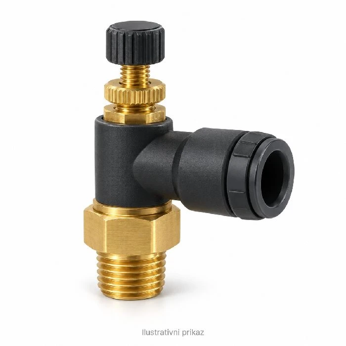 Pneumatski regulator protoka zraka 90st muški niz 1/4 s masenim udjelom cijevi ne većem od 3 % 12mm Mjehurić, pnevmatski regulator pretoka, dušilka 90st, POM medenina, moški navoj 1/4, cev 12mm, regulacija zraka