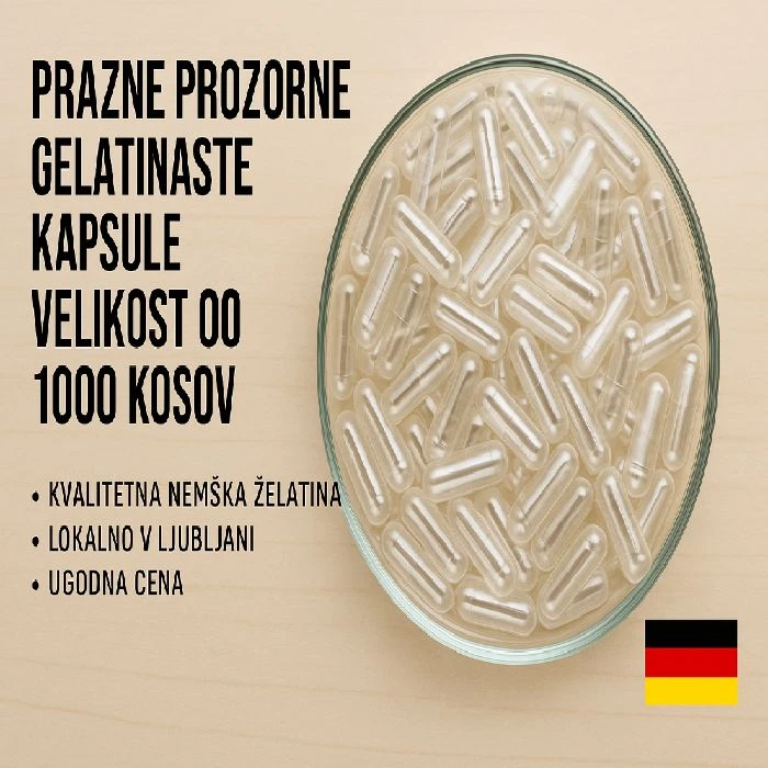 Prazne prozorne gelatinaste kapsule velikost 00 1000 kosov, prazne kapsule velikost 00, prazne gelatinaste kapsule, kapsule 1000 kosov, kapsule ceneje, kapsule ugodno, prihranek pri kapsulah, kapsule lokalno Ljubljana, nemška želatina Gelita, kapsule za prehranska dopolnila, kapsule za praške