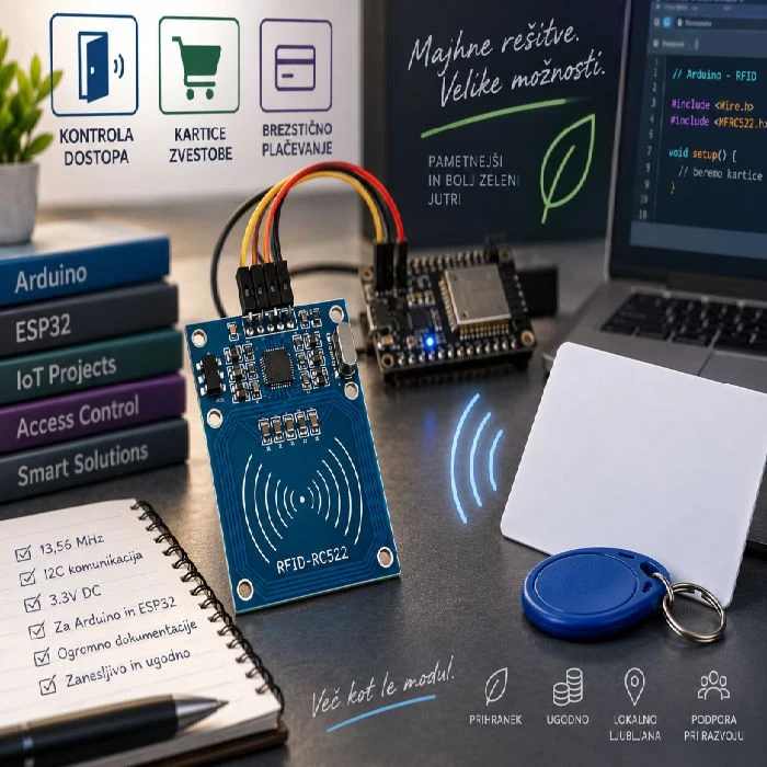RFID modul za branje brezstičnih kartic RF-522, RFID modul RF-522, RFID 13,56 MHz, Arduino RFID, ESP32 RFID, čitalnik kartic, brezstične kartice, I2C RFID, kartica zvestobe, RFID Ljubljana, RFID krediti