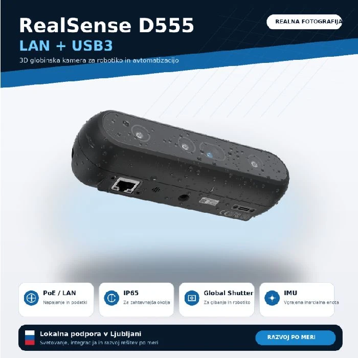 RealSense Globinska kamera D555 LAN, RealSense D555, globinska kamera, 3D kamera, PoE kamera, LAN kamera, USB3, strojni vid, robotika, avtomatizacija, razvoj po meri, Ljubljana, lokalno, ugodno