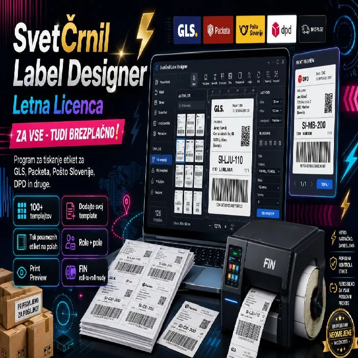 SvetČrnil Label Designer Letna Licenca, SvetČrnil Label Designer, letna licenca, program za tiskanje etiket, brezplačen program, GLS etikete, Packeta etikete, DPD etikete, Pošta Slovenije, posamezne etikete, etikete na polah, FIN tiskalnik, Ljubljana
