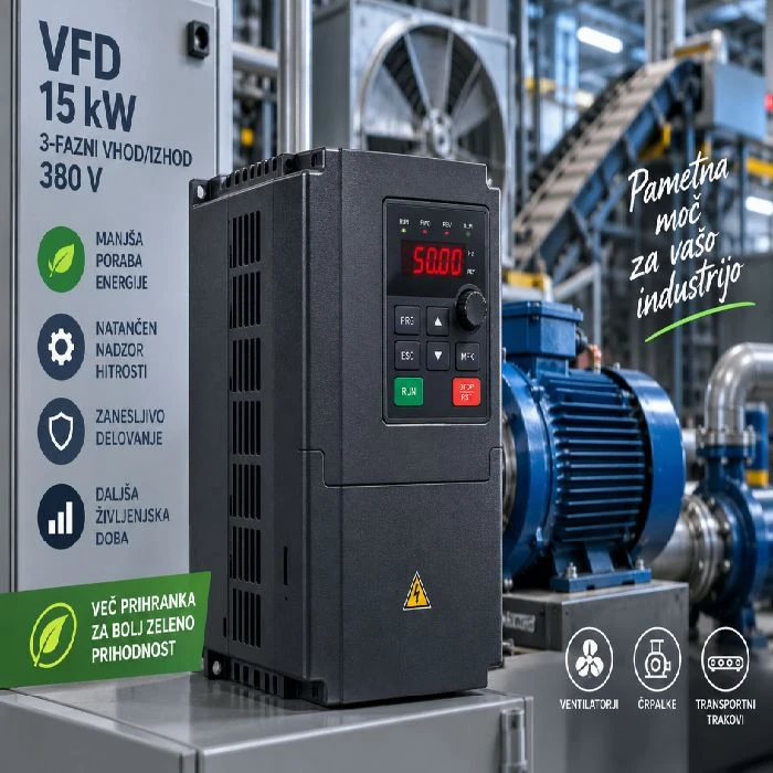 VFD Frekvenčni pretvornik 15 kW, 3-fazni vhod/izhod 380 V, VFD 15 kW, frekvenčni pretvornik 15 kW, 380 V VFD, 3 fazni pretvornik, regulacija motorja, industrijski VFD, prihranek energije, avtomatizacija, ugodno, ceneje, Ljubljana, lokalno