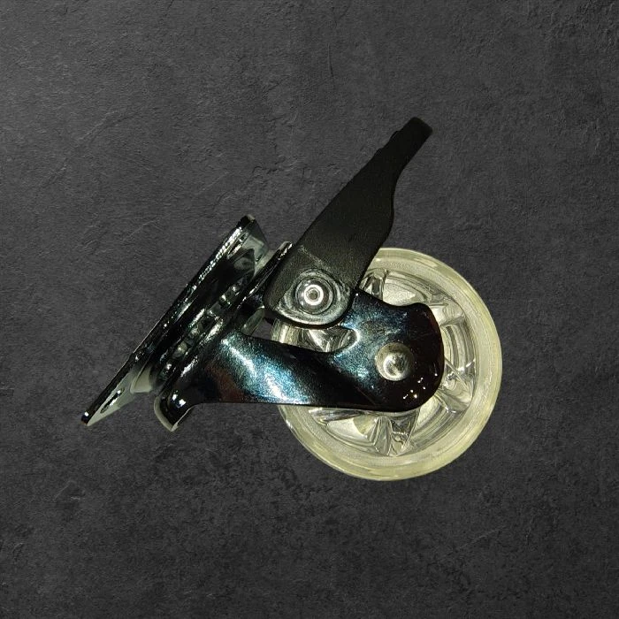 Vrtljiva kolesa 50mm prozorna guma chroma ohišje z zavoro, Vrtljiva kolesa 50mm, chrome kolesa, kolesa z zavoro, prozorna PU guma, kolesa za pohištvo, tiha kolesa, kolesa za pisarniške stole, izdelano v EU kolesa, trpežna kolesa