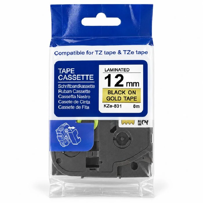 Zlat laminiran trak KZe-831, 12 mm x 8 m, črn tisk, KZe-831, zlat laminiran trak, trak 12 mm x 8 m, črn tisk na zlati podlagi, TZ, TZe, trak za označevanje, ugodno, ceneje, prihranek, lokalno, Ljubljana