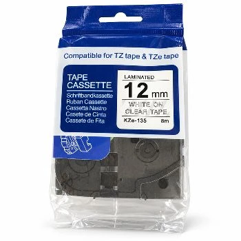 Laminiran trak KZe-135, 12 mm × 8 m - bel tisk na prozorni podlagi (TZ/TZe), KZe-135, laminiran trak, 12 mm, 8 m, bel tisk na prozorni podlagi, WHITE ON CLEAR TAPE, TZ, TZe, trak za označevanje, ugodno, ceneje, prihranek, lokalno, Ljubljana