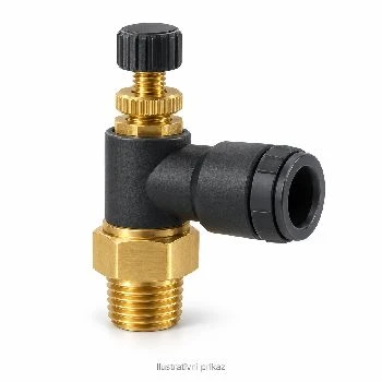 Pnevmatski regulator pretoka zraka 90st moški navoj 1/8 na cev 6mm POM medenina, pnevmatski regulator pretoka, dušilka 90st, POM medenina, moški navoj 1/8, cev 6mm, regulacija zraka