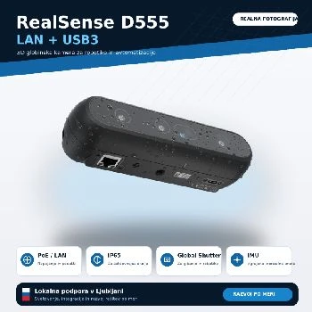 RealSense Globinska kamera D555 LAN, RealSense D555, globinska kamera, 3D kamera, PoE kamera, LAN kamera, USB3, strojni vid, robotika, avtomatizacija, razvoj po meri, Ljubljana, lokalno, ugodno