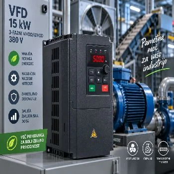 VFD pretvarač frekvencije 15 kW, 3-fazni ulaz/izlazak 380 V, VFD 15 kW, frekvenčni pretvornik 15 kW, 380 V VFD, 3 fazni pretvornik, regulacija motorja, industrijski VFD, prihranek energije, avtomatizacija, ugodno, ceneje, Ljubljana, lokalno