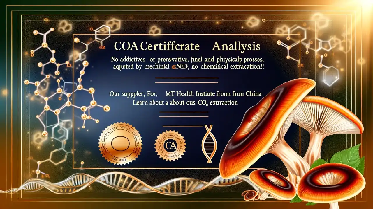 COA certifikat analize za Ganoderma Reishi spore, ganoderma reishi spore,COA certifikat,CO2 ekstrakcija,ekstrakt Ganoderma Lucidum,MT Health Institute,mehanska ekstrakcija,naravni ekstrakt,brez kemičnih primesi,visoka koncentracija aktivnih snovi,naravna in varna uporaba