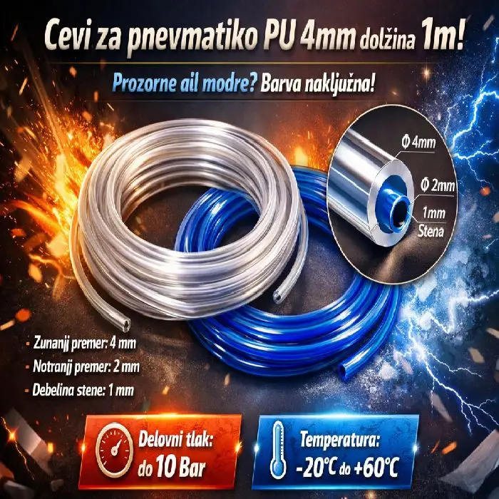 Cevi za pnevmatiko PU 4mm dolžina 1m, pnevmatska cev PU 4mm, poliuretanska cev zrak tekočine, pnevmatika cev 4mm ugodno, industrijska avtomatizacija cevi, pnevmatske cevi Ljubljana lokalno, cev za kompresor 4mm prihranek