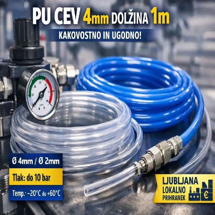 Cevi za pnevmatiko PU 4mm dolžina 1m, pnevmatska cev PU 4mm, poliuretanska cev zrak tekočine, pnevmatika cev 4mm ugodno, industrijska avtomatizacija cevi, pnevmatske cevi Ljubljana lokalno, cev za kompresor 4mm prihranek