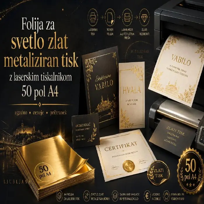 Folija za svetlo zlat metaliziran tisk z laserskim tiskalnikom 50pol A4, zlata folija, metaliziran tisk, laserski tiskalnik, toner folija, A4 folija, 50 pol, laminator, toplotna preša, zlati tisk, ugodno, ceneje, prihranek, Ljubljana