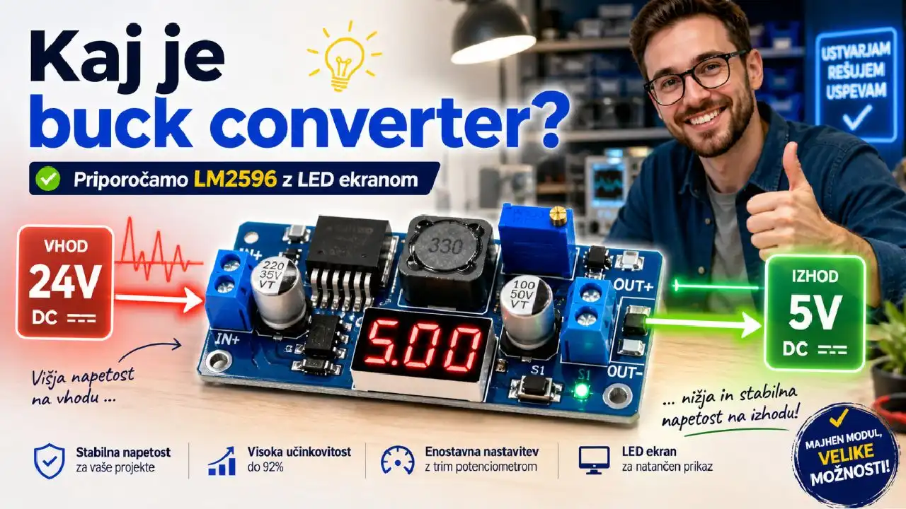 Kaj je buck converter in  katerega priporočamo ?, buck converter,kaj je buck converter,LM2596 buck converter,LM2596 z LED ekranom,step down converter,DC DC step down converter,pretvornik napetosti,znižanje napetosti,regulator napetosti,nastavljiv regulator napetosti,DC DC pretvornik,LM2596 reg