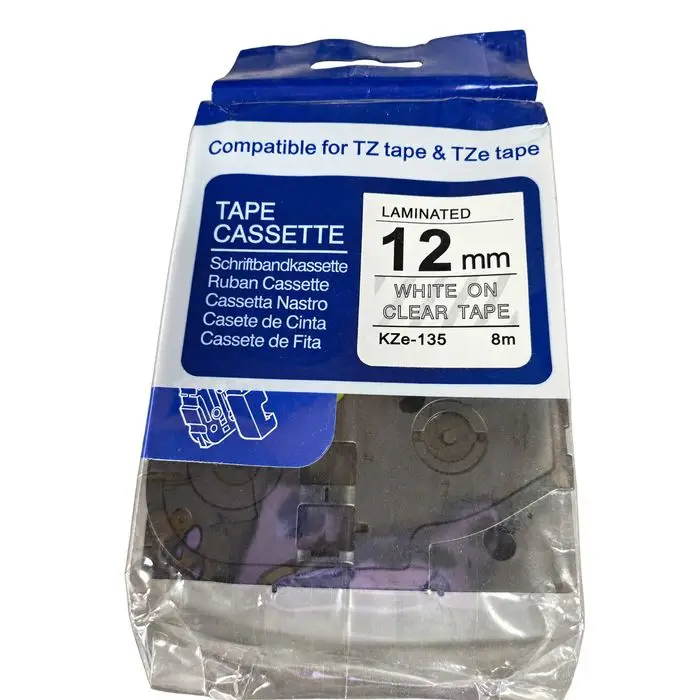 Laminirana traka KZe-135, 12 mm × 8 m - bijelo ispis na prozirnoj pozadini (TZ/TZe), KZe-135, laminiran trak, 12 mm, 8 m, bel tisk na prozorni podlagi, WHITE ON CLEAR TAPE, TZ, TZe, trak za označevanje, ugodno, ceneje, prihranek, lokalno, Ljubljana