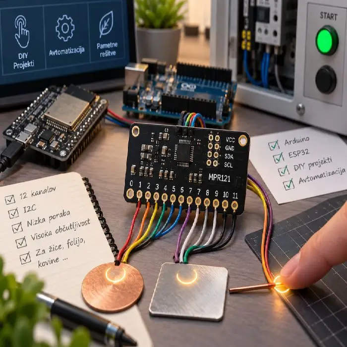 Modul za zaznavo dotika MPR121 I2C za arduino esp32 ipd, MPR121, modul za zaznavo dotika, kapacitivni senzor, Arduino, ESP32, I2C, touch senzor, DIY elektronika, avtomatizacija, senzor dotika žice, Ljubljana, ugodno, ceneje, prihranek, lokalno