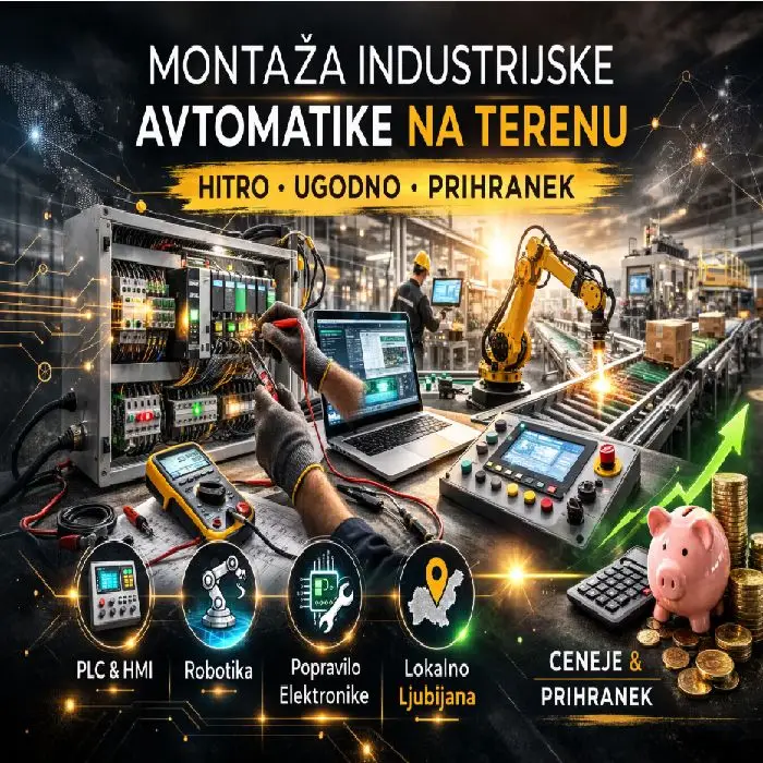 Montaža industrijske avtomatike na terenu ponderirano, montaža industrijske avtomatike na terenu, terenski servis avtomatike, PLC vezava in diagnostika, robotika servis na lokaciji, HMI integracija, popravilo elektronike zamenjava čipov, lokalno ljubljana, ugodno ceneje prihranek