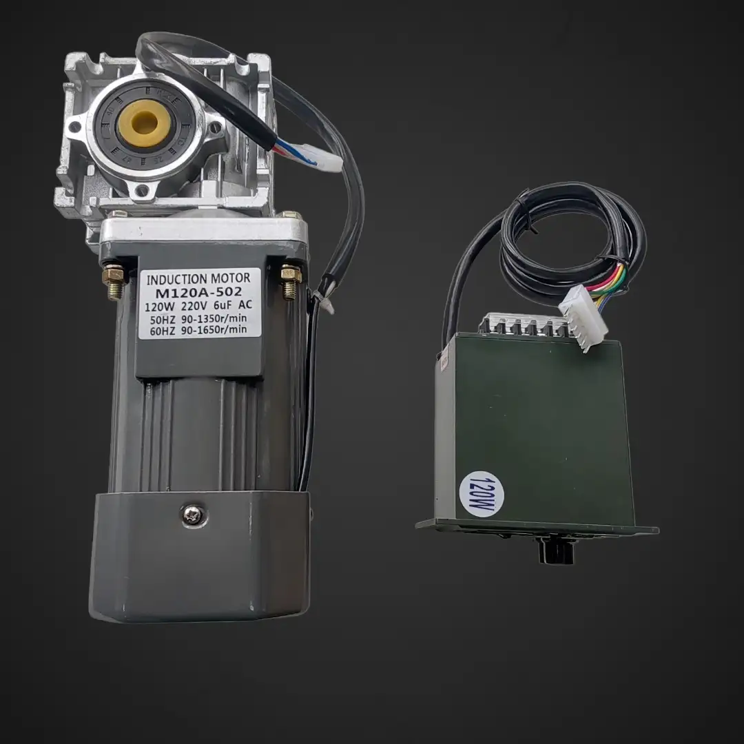 Indukcijski motor 120W 220V AC z reduktorjem 55RPM in regulatorjem, indukcijski motor Ljubljana, motor z reduktorjem ugodno, regulator hitrosti ceneje, prihranek proizvodnja, lokalno podjetje Ljubljana
