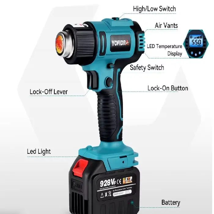 Pištola na vroč zrak akumulatorska kompatibilna z Makita, pištola na vroč zrak, akumulatorska pištola, makita kompatibilna, brezžično orodje, ceneje, ugodno, prihranek, lokalno, ljubljana, yofidra, 18v heat gun, cordless hot air gun