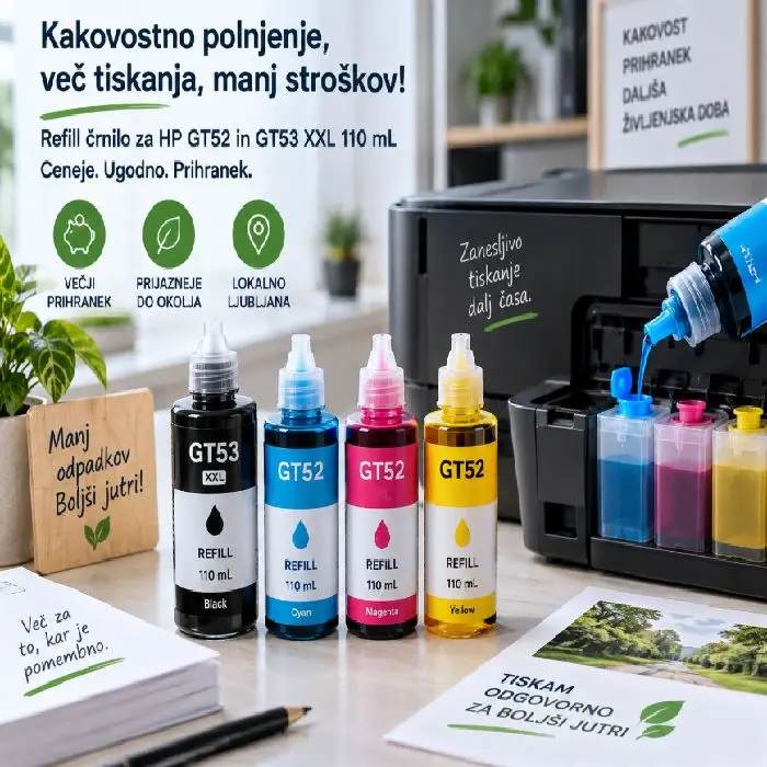 Polnjenje Refill črnilo za HP GT52 in GT53 XXL 110mL, polnjenje HP GT52, refill HP GT53, GT53 XXL 110mL, črnilo HP GT52, črnilo HP GT53, HP Tank 310, HP Tank 410, GT5810, GT5820, refill črnilo Ljubljana, poceni črnilo HP, črnilo brez siloksanov, prihranek