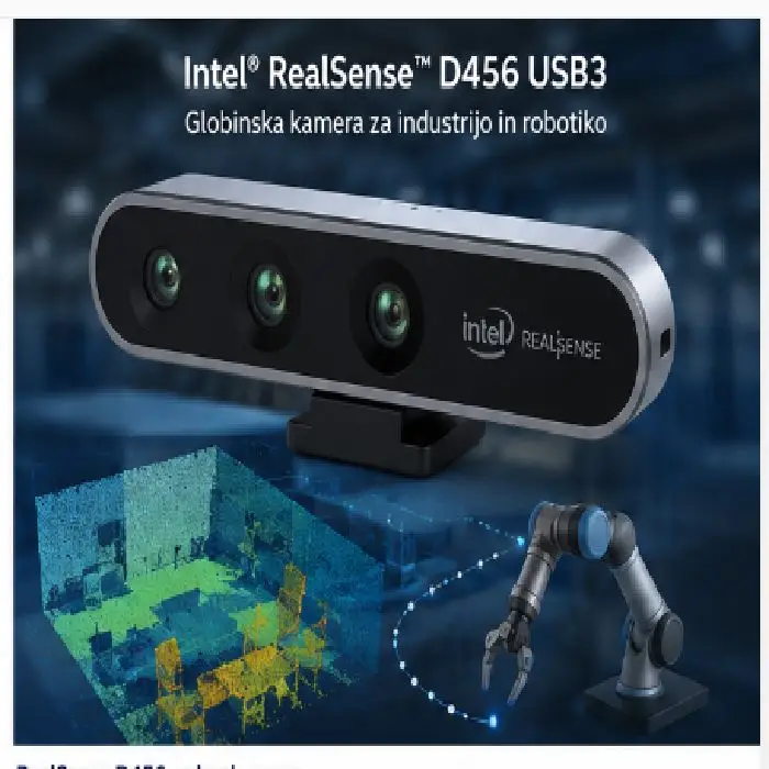 RealSense Globinska kamera D456 USB3, RealSense D456 USB3, globinska kamera, 3D kamera za robota, stereo kamera, robotika Ljubljana, industrijska avtomatizacija, 3D vizualizacija prostora, izračun trajektorij robota, ceneje, ugodno, prihranek, lokalno