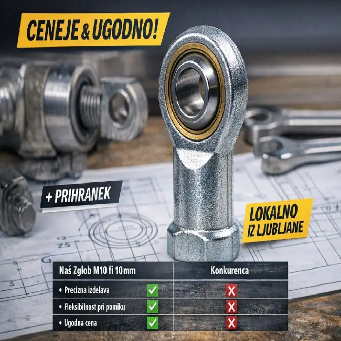 Sferični zglob ženski navoj M10 fi 10mm, sferični zglob ženski navoj M10 fi 10mm, sferični zglob za batnico, zglob M10 10mm, ceneje ugodno prihranek, lokalno Ljubljana, zglob za stranske pritiske, fleksibilnost pri pomiku, zglob za pnevmatski cilinder