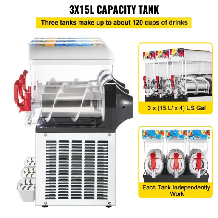 Stroj za slushy/granito 3x 15L rezervoarji 220V 1800W, vevor,slushy machine,stroj za slushy, ugodno, prihranek, ceneje, lokalno, Ljubljana, granita stroj, zamrznjene pijače, restavracije, kavarne, bari