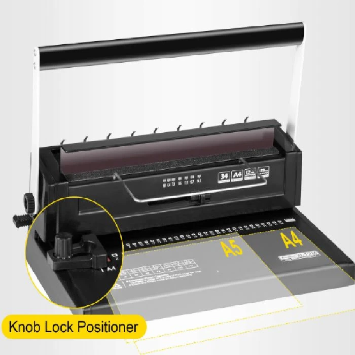 Stroj za vezavo z žično spiralo 34 lukenj do 120 listov, Ročna vezalna naprava, Spiralna vezava, 21 in 34 luknje, Kovinska konstrukcija, Trpežnost, Vezava dokumentov, Zlitinska rezila, Prilagodljiv rob, Enostavna uporaba,vezava knjig,knjigovez,namizno založništvo,koledarji,spenjanje,vezanje