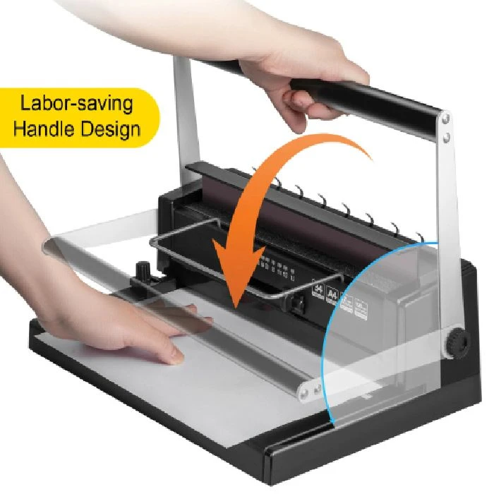 Stroj za vezavo z žično spiralo 34 lukenj do 120 listov, Ročna vezalna naprava, Spiralna vezava, 21 in 34 luknje, Kovinska konstrukcija, Trpežnost, Vezava dokumentov, Zlitinska rezila, Prilagodljiv rob, Enostavna uporaba,vezava knjig,knjigovez,namizno založništvo,koledarji,spenjanje,vezanje