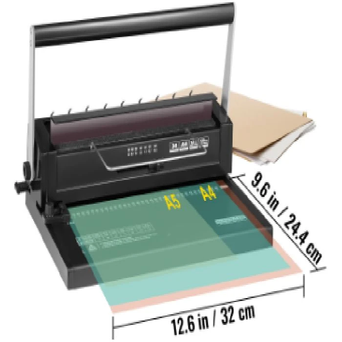 Stroj za vezavo z žično spiralo 34 lukenj do 120 listov, Ročna vezalna naprava, Spiralna vezava, 21 in 34 luknje, Kovinska konstrukcija, Trpežnost, Vezava dokumentov, Zlitinska rezila, Prilagodljiv rob, Enostavna uporaba,vezava knjig,knjigovez,namizno založništvo,koledarji,spenjanje,vezanje