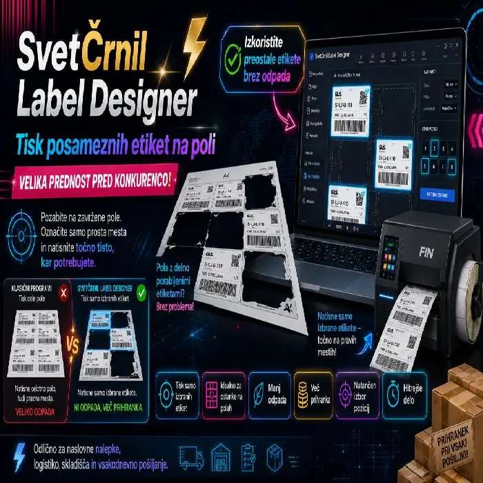 SvetČrnil Label Designer Letna Licenca, SvetČrnil Label Designer, letna licenca, program za tiskanje etiket, brezplačen program, GLS etikete, Packeta etikete, DPD etikete, Pošta Slovenije, posamezne etikete, etikete na polah, FIN tiskalnik, Ljubljana