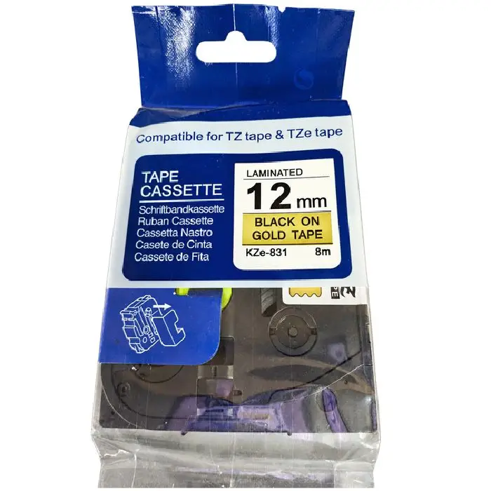 Zlat laminiran trak KZe-831, 12 mm x 8 m, črn tisk, KZe-831, zlat laminiran trak, trak 12 mm x 8 m, črn tisk na zlati podlagi, TZ, TZe, trak za označevanje, ugodno, ceneje, prihranek, lokalno, Ljubljana